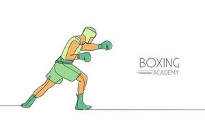 el dibujo de una sola línea continua de un joven boxeador ágil mejora su habilidad de ataque de lucha. concepto de deporte de combate justo. ilustración de vector de diseño de dibujo de una línea de moda para medios de promoción de juegos de boxeo