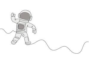 One continuous line drawing of young astronaut scientist exploring outer space in retro style. Spaceman cosmos discovery concept. Dynamic single line draw design graphic vector illustration