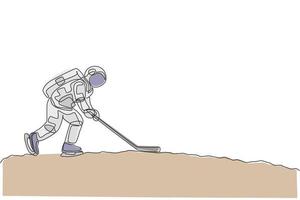 un dibujo de línea continua de un astronauta entrenando hockey sobre hielo en la superficie lunar, galaxia del espacio profundo. concepto de deporte de fitness saludable astronauta. Ilustración de vector gráfico de diseño de dibujo de línea única dinámica