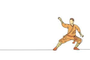 Single continuous line drawing young muscular shaolin monk man train martial art at shaolin temple. Traditional Chinese kung fu fight concept. Trendy one line draw design graphic vector illustration
