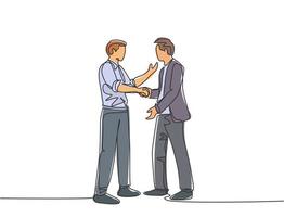 Single line drawing of businessmen handshaking his business partner after their project goal. Great teamwork. Business deal concept with continuous line draw style vector graphic illustration