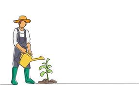 Single continuous line drawing young male farmer water the plants using a watering can. Farmer planting activities minimalism concept. Dynamic one line draw graphic design vector illustration.