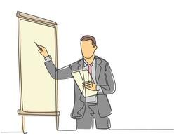 One continuous line drawing of businessman presenter drawing graph chart on screen board while on meeting. Business presentation at the office concept single line draw design vector illustration