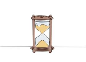 One continuous line drawing of old classic hourglass to tell the time. Vintage retro time sand glass, timepiece concept. Single line draw design vector graphic illustration