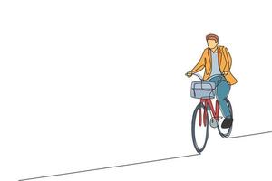 One single line drawing of young happy professional startup employee man ride bicycle to the coworking space vector illustration. Healthy commuter lifestyle concept. Modern continuous line draw design