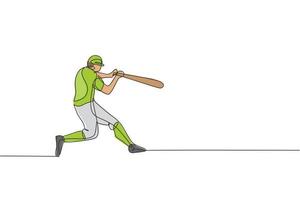 One continuous line drawing of young sporty man baseball player practice to hit the ball. Competitive sport concept. Dynamic single line draw design graphic vector illustration for promotion poster