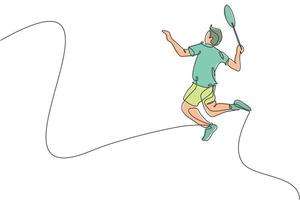 un dibujo de una sola línea de un joven y enérgico jugador de bádminton saltando y aplastando la ilustración vectorial del volante. concepto de deporte saludable. diseño moderno de dibujo de línea continua para el cartel del torneo de bádminton vector