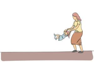 un dibujo de línea continua de una joven madre feliz jugando con su hija, levantando y balanceándose en casa. concepto de crianza de los hijos de la familia. Ilustración de vector gráfico de diseño de dibujo de línea única dinámica