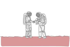 One single line drawing of two young happy astronauts giving handshake to deal project in moon surface vector graphic illustration. Cosmonaut outer space concept. Modern continuous line draw design