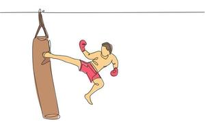 One single line drawing of young energetic man kickboxer practice jump kicking with punch bag in boxing arena vector illustration. Healthy lifestyle sport concept. Modern continuous line draw design