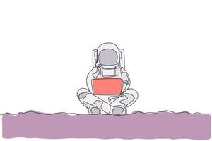 One continuous line drawing of young spaceman on spacesuit sitting in moon surface while typing. Astronaut business office with deep space concept. Dynamic single line draw design vector illustration