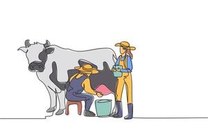 Continuous one line drawing happy couple farmer milking a cow with traditional way together. A successful harvest activity minimalism concept. Single line draw design vector graphic illustration.