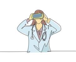 un solo dibujo de una joven doctora feliz mirando datos visuales digitales usando gafas de realidad virtual. Concepto de jugador de juego de tecnología inteligente ilustración de vector de diseño de dibujo de línea continua