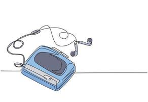 One continuous line drawing of retro old classic mobile radio tape with earphone. Vintage mobile music player item concept single line draw graphic design vector illustration