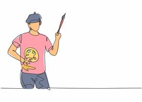 Continuous one line drawing of young painter with flat cap holding paintbrush and color palette. Professional job profession minimalist concept. Single line draw design vector graphic illustration