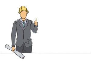 Continuous one line drawing the architect with a gesture of raising his thumb and wearing a helmet carried a building construction drawing paper. Single line draw design vector graphic illustration.