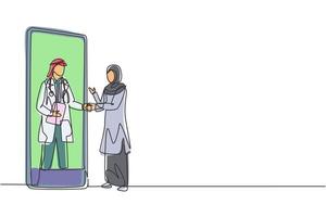 Single continuous line drawing hijab female patient shaking hands with male doctor in smartphone holding clipboard. Online medical concept. Dynamic one line draw graphic design vector illustration