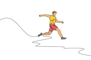 Single continuous line drawing of young sportive man training ling jump in the stadium field. Healthy athletic sport concept. Tournament event. Trendy one line draw design graphic vector illustration