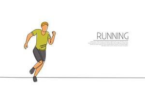 Single continuous line drawing of young agile man runner try to reach finish. Individual sport and competition concept. Trendy one line draw design vector illustration for running tournament promotion