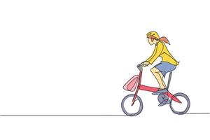 One continuous line drawing of young professional manager woman cycling ride folded bicycle to her office. Healthy working urban lifestyle concept. Dynamic single line draw design vector illustration