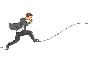 Single one line drawing of young smart businessman with suit running and jumping. Business financial market growth minimal concept. Modern continuous line draw design graphic vector illustration