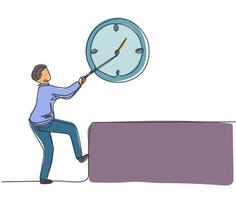 Continuous one line drawing young male worker pulling clockwise big analog clock on the wall. Time management business minimalist concept. Single line draw design vector graphic illustration