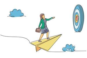 Continuous one line drawing young female worker focus flying with paper plane to hit business target. Success manager. Metaphor minimalist concept. Single line draw design vector graphic illustration