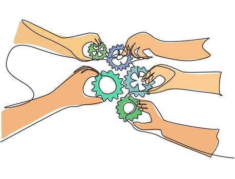 Single continuous line drawing of hand gesture business team members unite piece of gears to one as teamwork symbol. Unity working together concept one line graphic draw design vector illustration