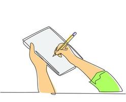 Single continuous line drawing of hand gesture fast writing on paper at clipboard. Business to do list write on notebook concept. One line draw design vector illustration