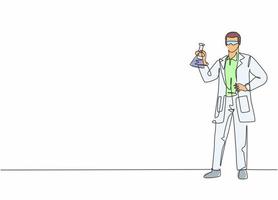 El dibujo continuo de una línea del matraz de explotación del joven científico masculino contiene la fórmula de la vacuna contra la enfermedad. concepto minimalista de profesión de trabajo profesional. Ilustración gráfica de vector de diseño de dibujo de una sola línea