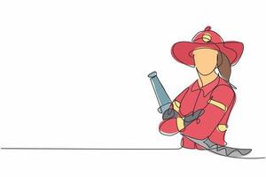 Single one line drawing of young female firefighter holding water nozzle. Professional work profession and occupation minimal concept. Continuous line draw design graphic vector illustration