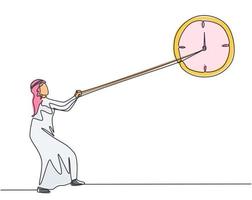 Single continuous line drawing young Arab business man pulling clockwise of big analog wall clock with rope. Time management metaphor concept. One line draw graphic design vector graphic illustration.