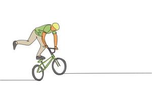 un dibujo de una sola línea de un joven ciclista bmx que realiza un truco de estilo libre en la ilustración del vector de la calle. concepto de deporte extremo. diseño moderno de dibujo de línea continua para banner de competencia de estilo libre