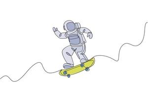 Single continuous line drawing of astronaut riding skateboard on moon surface, outer deep space. Space astronomy galaxy sport concept. Trendy one line draw design vector illustration graphic