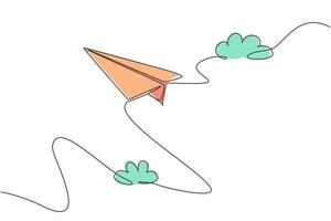 Single one line drawing of paper plane flying high on the sky on white background. Creative origami toy concept. Modern continuous line draw design graphic vector illustration