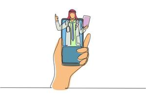 Single continuous line drawing hand holding smartphone and there is Arab male doctor coming out of smartphone screen holding clipboard. Online consultation concept. One line draw graphic design vector