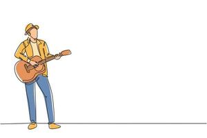 One continuous line drawing of young happy male guitarist wearing hat and playing acoustic guitar on street road. Trendy musician artist performance concept single line draw design vector illustration