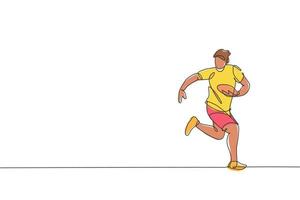 Single continuous line drawing of young agile rugby player running and holding the ball. Competitive sport concept. Trendy one line draw design vector illustration for rugby tournament promotion media