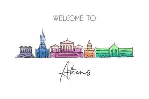 Single continuous line drawing of Athens city skyline, Greece. Famous city scraper landscape. World travel concept home wall decor poster print art. Modern one line draw design vector illustration