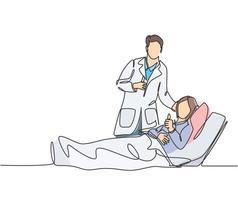 One line drawing of young happy doctor visiting patient who are lying weak on the bed and giving thumbs up gesture. Medical healthcare service concept. Continuous line draw design vector illustration