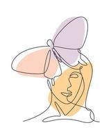 una sola mujer de dibujo de línea con la ilustración de vector de arte de línea de mariposa. concepto de estilo de moda minimalista retrato de alas de mariposa de cara abstracta femenina. diseño de dibujo gráfico de línea continua moderna