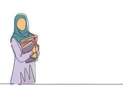 dibujo de una sola línea continua de una joven empresaria musulmana que lleva libros de informes anuales a una reunión de negocios. velo y hijab de tela árabe de Oriente Medio. Ilustración de vector de diseño de dibujo de una línea