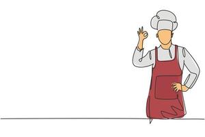 Un solo dibujo de una línea del chef con gestos bien y con uniformes de cocina está listo para cocinar comidas para los huéspedes en restaurantes famosos. Ilustración de vector gráfico de diseño de dibujo de línea continua moderna