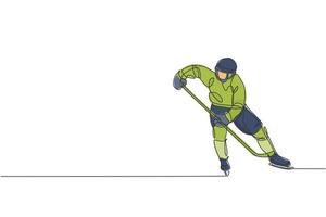 One continuous line drawing of young professional ice hockey player exercising and practicing on ice rink stadium. Healthy extreme sport concept. Dynamic single line draw design vector illustration