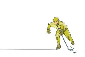 dibujo de una sola línea continua de un joven jugador profesional de hockey sobre hielo golpeó el disco y atacó en la arena de la pista de hielo. concepto de deporte extremo de invierno. ilustración gráfica de vector de diseño de dibujo de una línea de moda