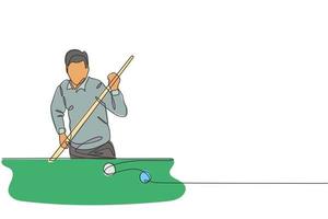 One single line drawing of young handsome man playing pool billiards at billiard room vector graphic illustration. Indoor sport recreational game concept. Modern continuous line draw design