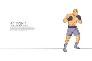 el dibujo de una sola línea continua de un joven boxeador ágil mejora su postura de lucha en el gimnasio. concepto de deporte de combate justo. ilustración de vector de diseño de dibujo de una línea de moda para medios de promoción de juegos de boxeo