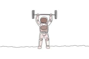 Single continuous line drawing of muscular astronaut train lifting barbell in moon surface. Bodybuilding in leisure time on outer space concept. Trendy one line draw graphic design vector illustration