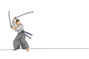 One continuous line drawing of young bravery samurai warrior pose ready to attack at training session. Martial art combative sport concept. Dynamic single line draw design graphic vector illustration