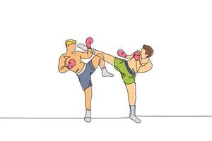 One continuous line drawing of young sporty muay thai boxer man kicking the opponent head in match game at box arena. Fighting sport game concept. Dynamic single line draw design vector illustration